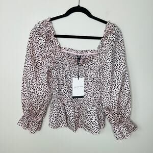 NWT Who‎ What Wear Pink Mini Leaves Smocked Puff-Sleeve Peplum Top Size S
